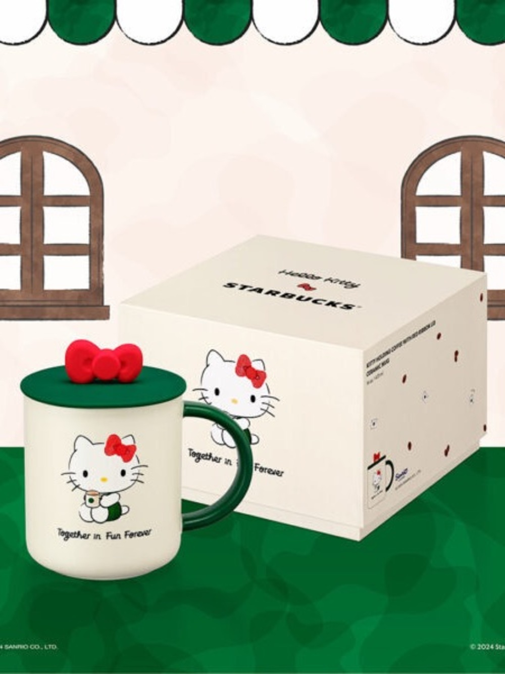 Starbucks Hello Kitty Green and Cream Ceramic Mug with Red Bow Lid Accent